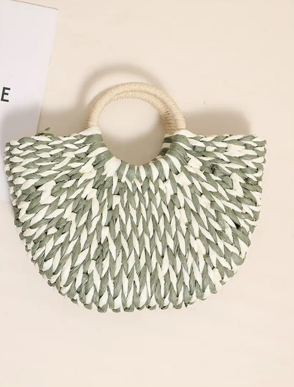 Woven Green & White Straw Tote Bag with Round Handle
